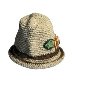 Handmade Crocheted Cream Brown Variegated Floral Applique Rolled Brim Hat